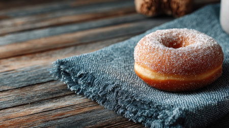 This image features a freshly baked glazed donut resting on a textured textile, evoking a warm and inviting atmosphere for food lovers.の素材