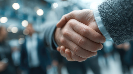 This image captures a close-up of two hands engaged in a firm handshake, symbolizing professionalism and cooperation. The blurred background suggests a dynamic business environment.の素材