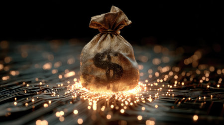 A visually captivating image of a money bag surrounded by sparkling light, symbolizing wealth and financial success, perfect for business and finance themes.の素材