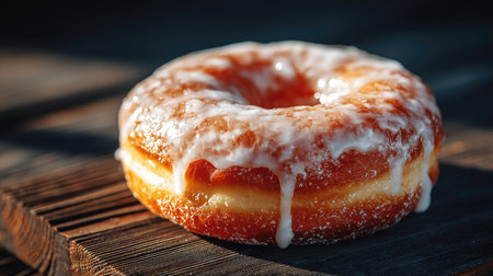 A beautifully shot glazed donut resting on a rustic wooden surface. The natural light highlights its sugary sheen, emphasizing its deliciousness.の素材