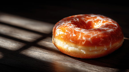 This image features a freshly glazed donut resting on a wooden surface, illuminated by soft natural light, creating beautiful shadows and textures.の素材