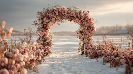 This enchanting winter wedding scene features a stunning floral archway adorned with delicate pink flowers against a snowy landscape, creating a romantic atmosphere.の素材
