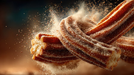 This vibrant image captures a pair of churros twisted together, coated in a generous layer of cinnamon sugar. A dust cloud accentuates the festive appeal, making it perfect for dessert lovers.の素材
