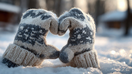 A pair of knit winter gloves forming a heart shape in a snow-covered landscape, emitting warmth amidst the cold atmosphere, creating a romantic gesture.の素材
