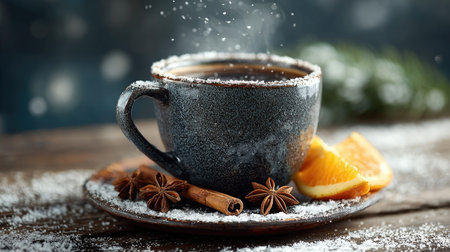 A cozy cup of coffee sits on a rustic wooden table, garnished with orange slices and spices, creating a warm and inviting winter atmosphere.の素材