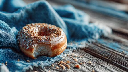 A beautifully captured glazed donut featuring sprinkles, sitting on a rustic wooden table with a soft blue fabric underneath, highlighting the delicious treat.の素材