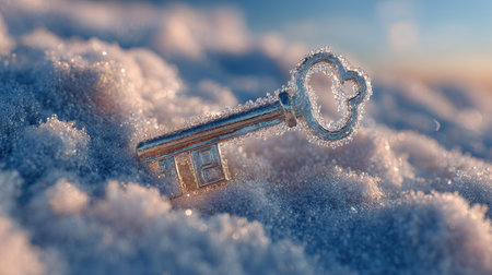 A stunning silver key emerges from a soft blanket of snow, adorned with glimmering frost. This captivating image symbolizes secrets and possibilities in a serene winter landscape.の素材