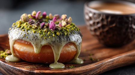 A stunning close-up of a gourmet donut topped with rich icing and nuts. Served on a wooden platter alongside a steaming cup of coffee, this dessert is a true indulgence.の素材