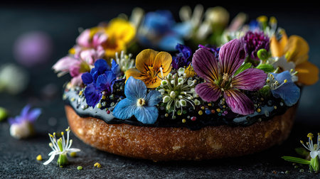 An exquisite dessert featuring a round donut adorned with vibrant edible flowers and a rich chocolate glaze, capturing the essence of culinary artistry.の素材