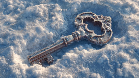 An antique key partially buried in soft snow, creating a captivating scene filled with mystery and allure during winter. The textured surface shines subtly in the cold light.の素材