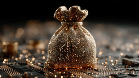 This striking image captures a shimmering golden bag resting on a circuit board, surrounded by glowing lights, representing the fusion of wealth and technology.の素材