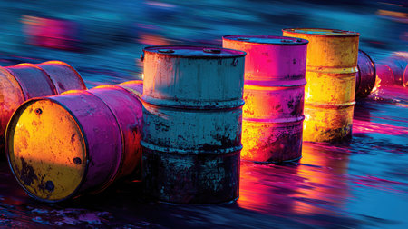 This image features vibrant and colorful oil drums abandoned on a wet surface, creating an artistic atmosphere. The reflections and lighting enhance the mood, offering an intriguing visual for nature and industrial themes.の素材