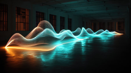 This captivating image features abstract light waves in a sleek industrial space, showcasing vibrant colors and a mesmerizing flow that evokes a sense of energy and modernity.の素材