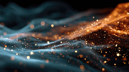 An abstract portrayal of waves illuminated by shimmering particles, creating an enchanting sense of movement and depth in vibrant colors.の素材