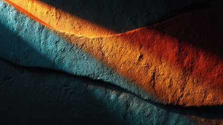 This image showcases a stunning abstract interplay of light and shadow on a textured surface, featuring vibrant warm and cool tones. The dynamic colors create an engaging visual experience, perfect for modern artistic projects.の素材