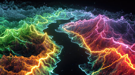 Explore a mesmerizing abstract landscape featuring colorful, electric waves that illuminate the terrain with vibrant energy patterns and light effects.の素材