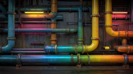 This image showcases a complex arrangement of industrial pipes in vibrant colors, highlighting textures and interplay of light in an urban environment.の素材