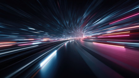 This captivating abstract image captures the essence of motion with dynamic light trails in vibrant colors, illustrating speed and technology in a modern design.の素材