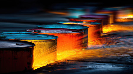 A stunning visual of colorful industrial drums emitting vibrant light and sparks, creating an abstract display of energy and movement in an artistic setting.の素材