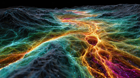 This stunning digital artwork features an abstract landscape illuminated by colorful lines and waves, symbolizing dynamic energy flow and futuristic elements.の素材