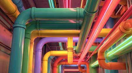 A captivating display of colorful industrial pipes creates an abstract environment filled with vibrant neon hues. This artistic setup provides a playful yet contemporary atmosphere, perfect for urban art concepts.の素材