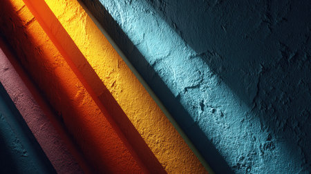 This abstract image features colorful shadows stretching across a textured wall, showcasing a vibrant blend of colors and light interplay, ideal for modern themes.の素材