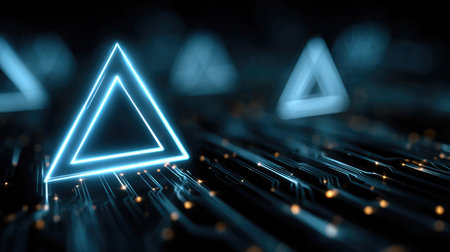A stunning representation of glowing blue triangles set against a dark background filled with circuit patterns, showcasing modern technology and abstract designs.の素材