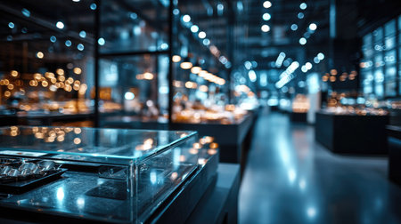 Modern jewelry store interior featuring elegant glass display cases and soft glowing lights, creating an inviting ambiance for shoppers in an urban setting.の素材