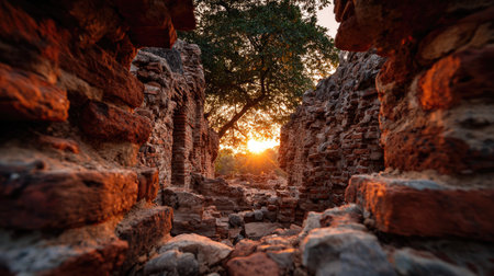 This captivating image presents ancient stone ruins framed by a lush tree, illuminated by the warm glow of sunset. The serene landscape depicts a harmonious blend of nature and history, inviting exploration.の素材