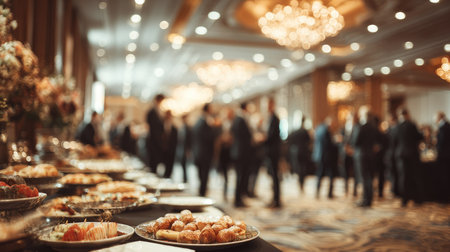 A beautifully arranged banquet hall featuring an array of gourmet food. Guests network and socialize in a luxurious setting filled with elegant decor.の素材