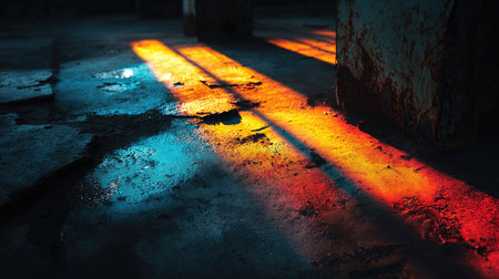 This photograph captures vibrant rays of light reflecting off a wet floor, creating a captivating interplay of colors and textures in an urban environment.の素材