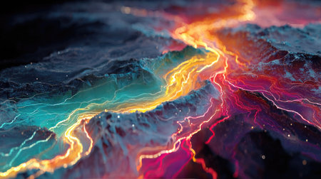 This mesmerizing image showcases an abstract landscape with vibrant colors and dynamic streams, producing a surreal and captivating visual experience.の素材