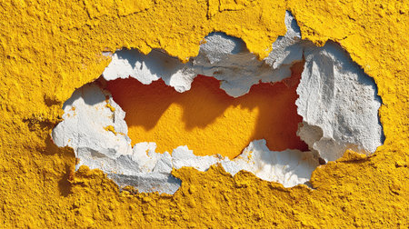 Close-up view of a bright yellow wall showcasing textured damage that reveals the layers beneath, creating a striking visual contrast and unique patterns.の素材