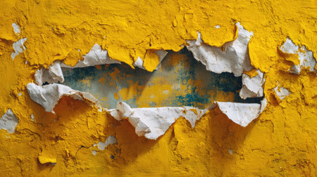 This striking image captures the intricate details of peeling yellow paint, revealing an underlying blue layer, showcasing urban decay and artistic beauty.の素材