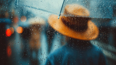 A rainy day scene features a person in a vibrant yellow hat holding an umbrella while walking down a wet street. The atmosphere captures the beauty of rain.の素材