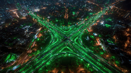Stunning aerial view showcasing an urban intersection at night, illuminated by vibrant green light trails. This image captures the dynamic energy of city life and intricate road networks.の素材
