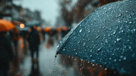 A close-up view of a rain-soaked umbrella showcasing droplets while people walk in the blurred background, capturing the essence of a rainy urban day.の素材