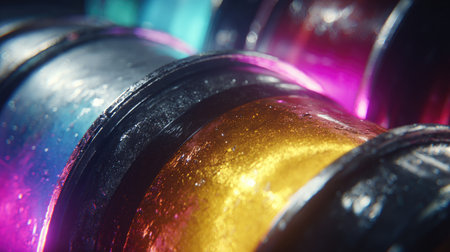 This captivating close-up image showcases glossy metallic cylinders in vibrant colors, emphasizing the interplay of light and textures in a dynamic composition.の素材