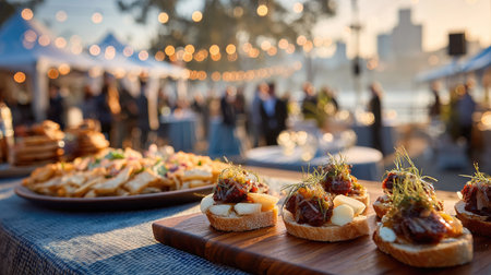 Captivating scene of gourmet appetizers artfully arranged on a wooden platter, set against a beautiful sunset at a vibrant outdoor event.の素材