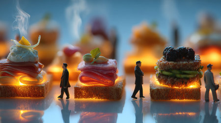 This whimsical photograph showcases miniature figures interacting with gourmet food displays on toasted bread. The scene features elegant arrangements with steaming elements and glowing accents, capturing the artistic interplay of food and creativity.の素材
