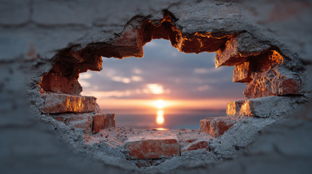 A stunning view of a sunset framed by a broken brick wall showcases the serene beauty of nature. The soft clouds reflect warm tones above calm waters.の素材
