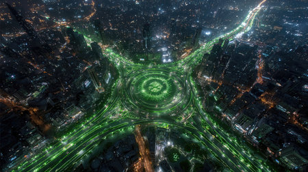 Stunning aerial view of a dynamic urban roundabout at night, beautifully illuminated with green lights, capturing the essence of a vibrant cityscape.の素材