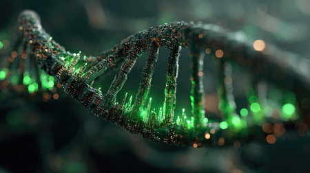 This striking image showcases a detailed close-up of a DNA helix with a mix of green and metallic hues, set against a dark background, symbolizing advanced biotechnology.の素材
