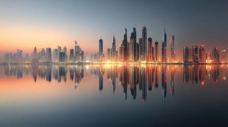 A breathtaking skyline captures modern architecture and towering skyscrapers. The reflection on water enhances the tranquil beauty of dawn's soft light.の素材