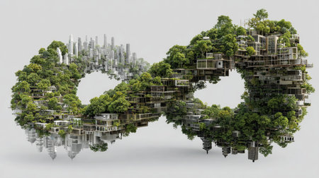 This image showcases a striking visual of a sustainable urban landscape shaped like an infinity symbol, merging buildings with lush greenery.の素材