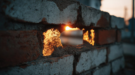 A captivating image showcasing the sun rising through an opening in an aged brick wall, illuminating the textures and creating a warm, inviting scene.の素材