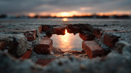 A captivating image showcasing a broken brick pathway revealing a stunning sunset reflection on still water, creating a serene atmosphere.の素材