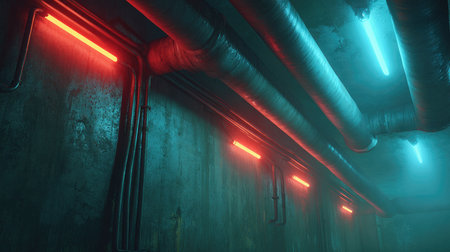 This captivating image showcases a dimly lit industrial tunnel illuminated by vibrant neon lights in red and blue. The contrasting hues create a unique atmosphere, enhancing the textured walls and intricate plumbing.の素材