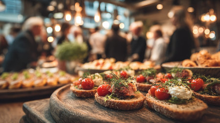 A tempting display of elegant appetizers featuring fresh tomatoes and herbs on a rustic wooden platter, set against a bustling social backdrop. Perfect for events.の素材