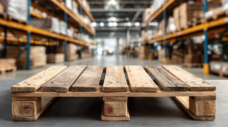 A wooden pallet placed on a concrete floor inside a spacious warehouse, showcasing an organized storage area with boxes stacked in the background.の素材